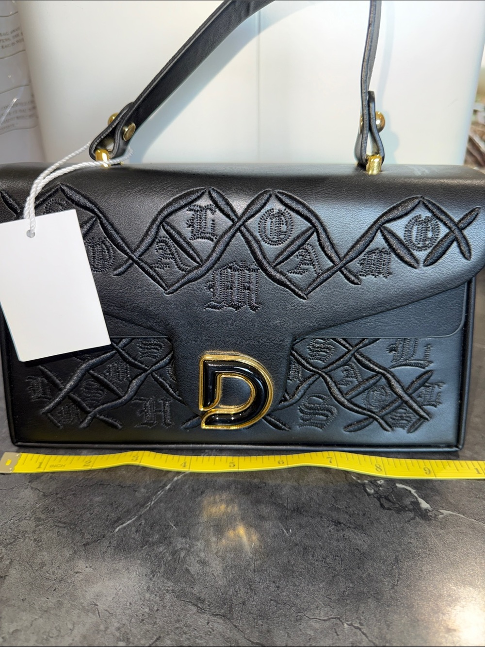 Black Embroidered Top-Handle Bag with Gold D Accent